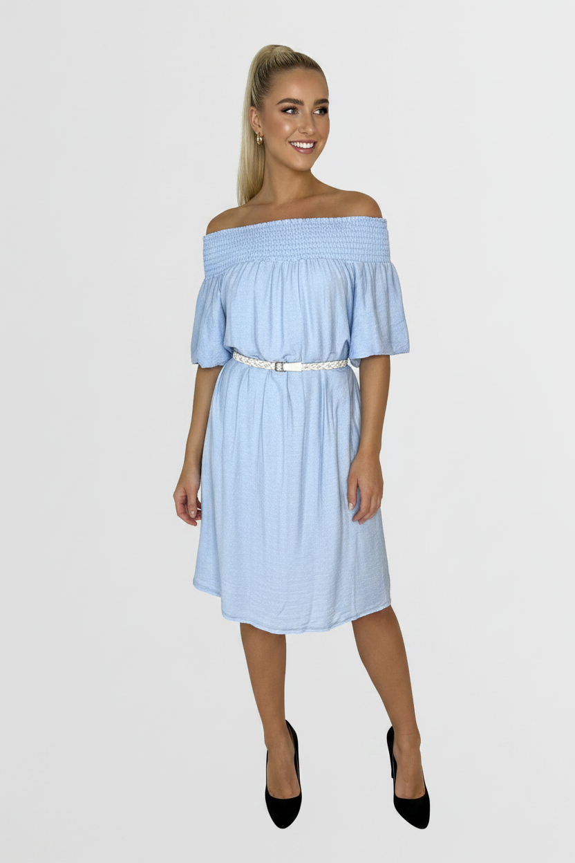 Off The Shoulder Belted Straight Cut Viscose Summer Dress-SinglePrice