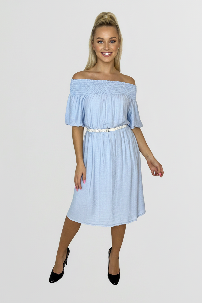 Off The Shoulder Belted Straight Cut Viscose Summer Dress-SinglePrice