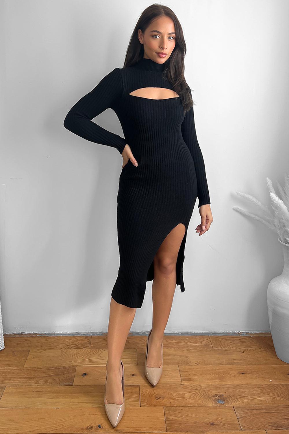 Cut Out Detail High Neck Knitted Midi Dress-SinglePrice