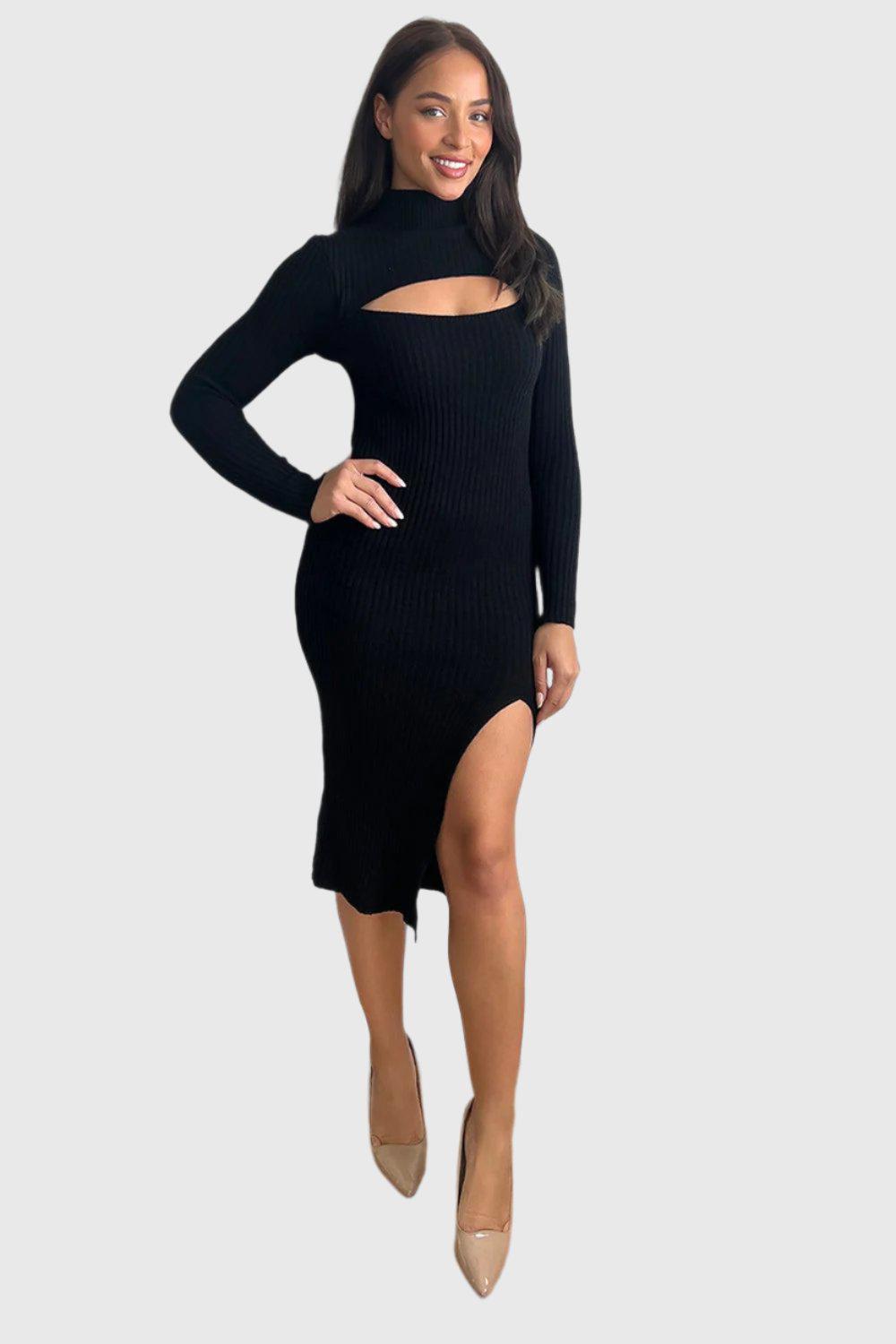 Cut Out Detail High Neck Knitted Midi Dress-SinglePrice