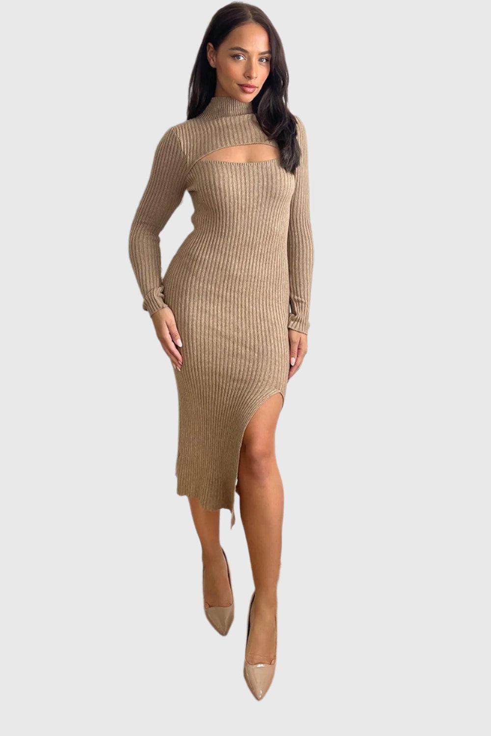 Cut Out Detail High Neck Knitted Midi Dress-SinglePrice