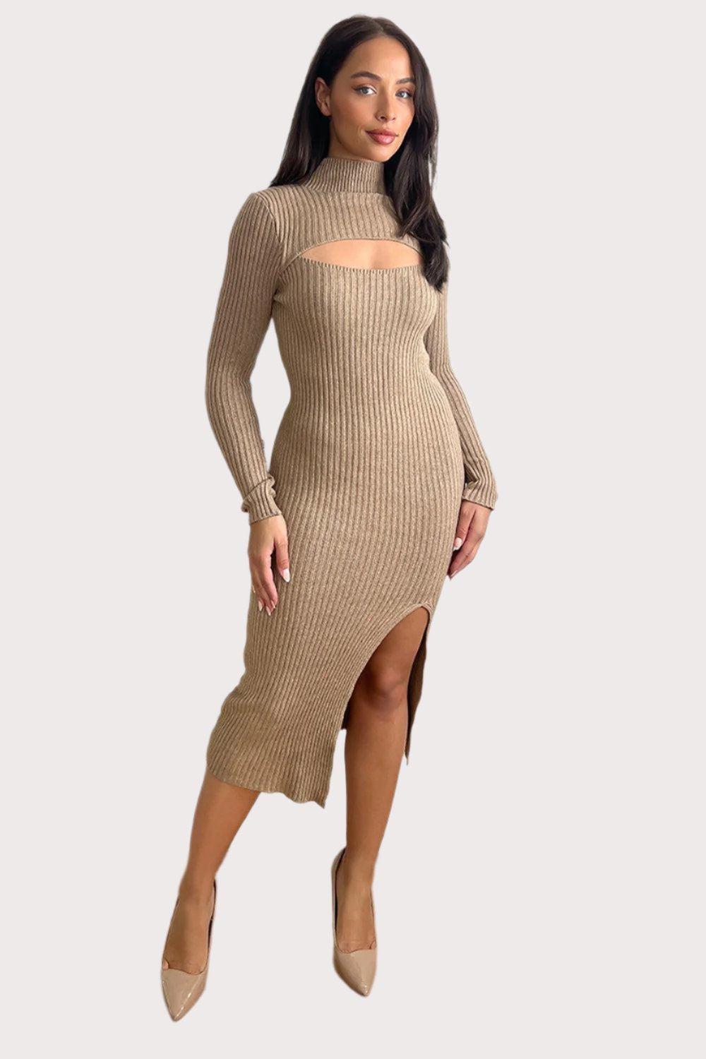 Cut Out Detail High Neck Knitted Midi Dress-SinglePrice