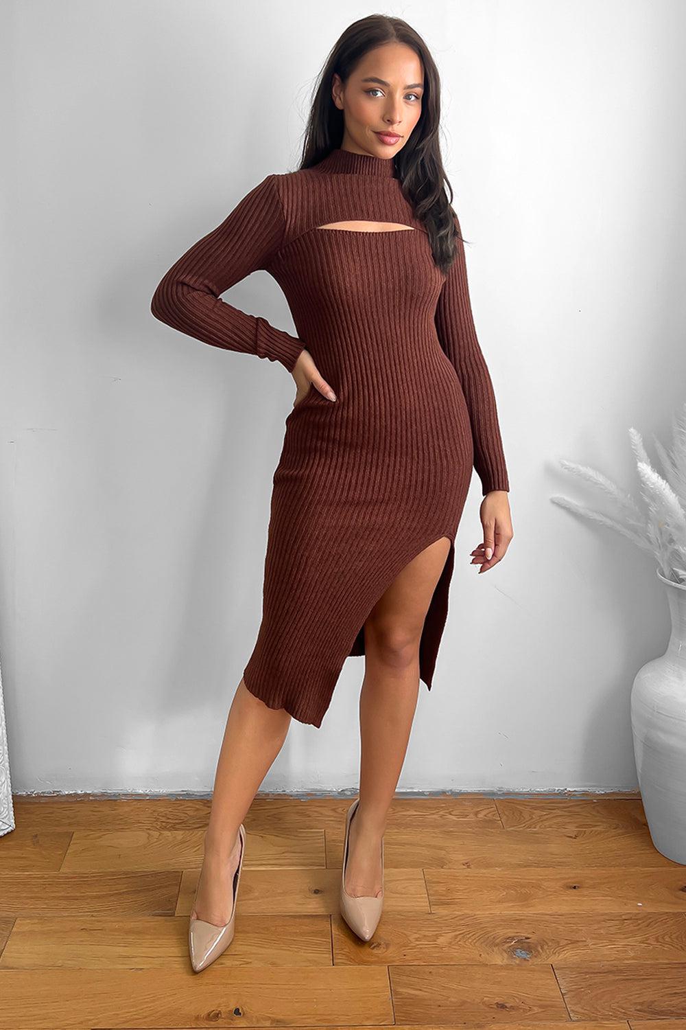 Cut Out Detail High Neck Knitted Midi Dress-SinglePrice