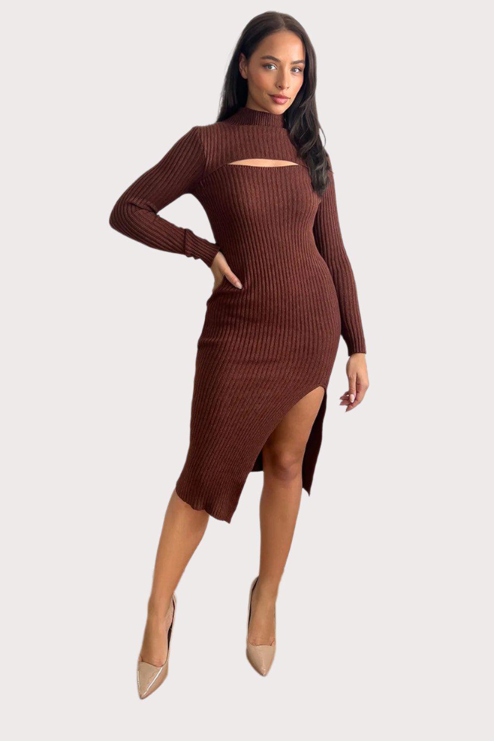 Cut Out Detail High Neck Knitted Midi Dress-SinglePrice