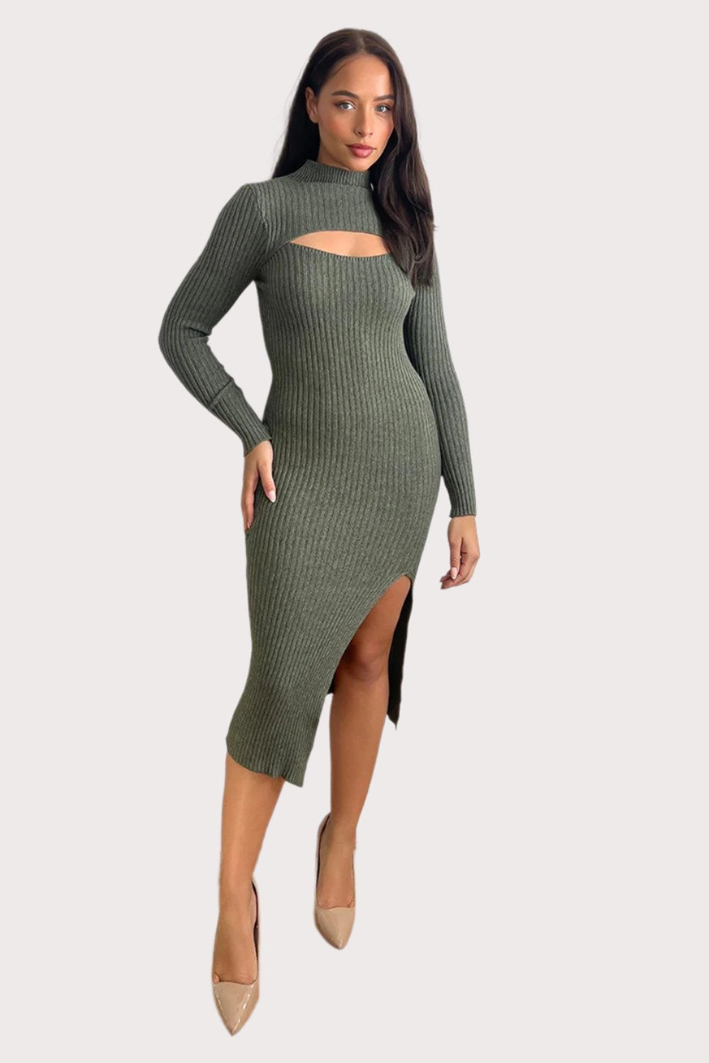 Cut Out Detail High Neck Knitted Midi Dress-SinglePrice