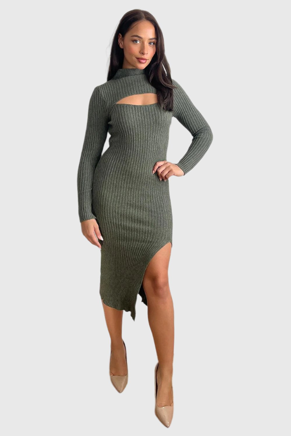 Cut Out Detail High Neck Knitted Midi Dress-SinglePrice