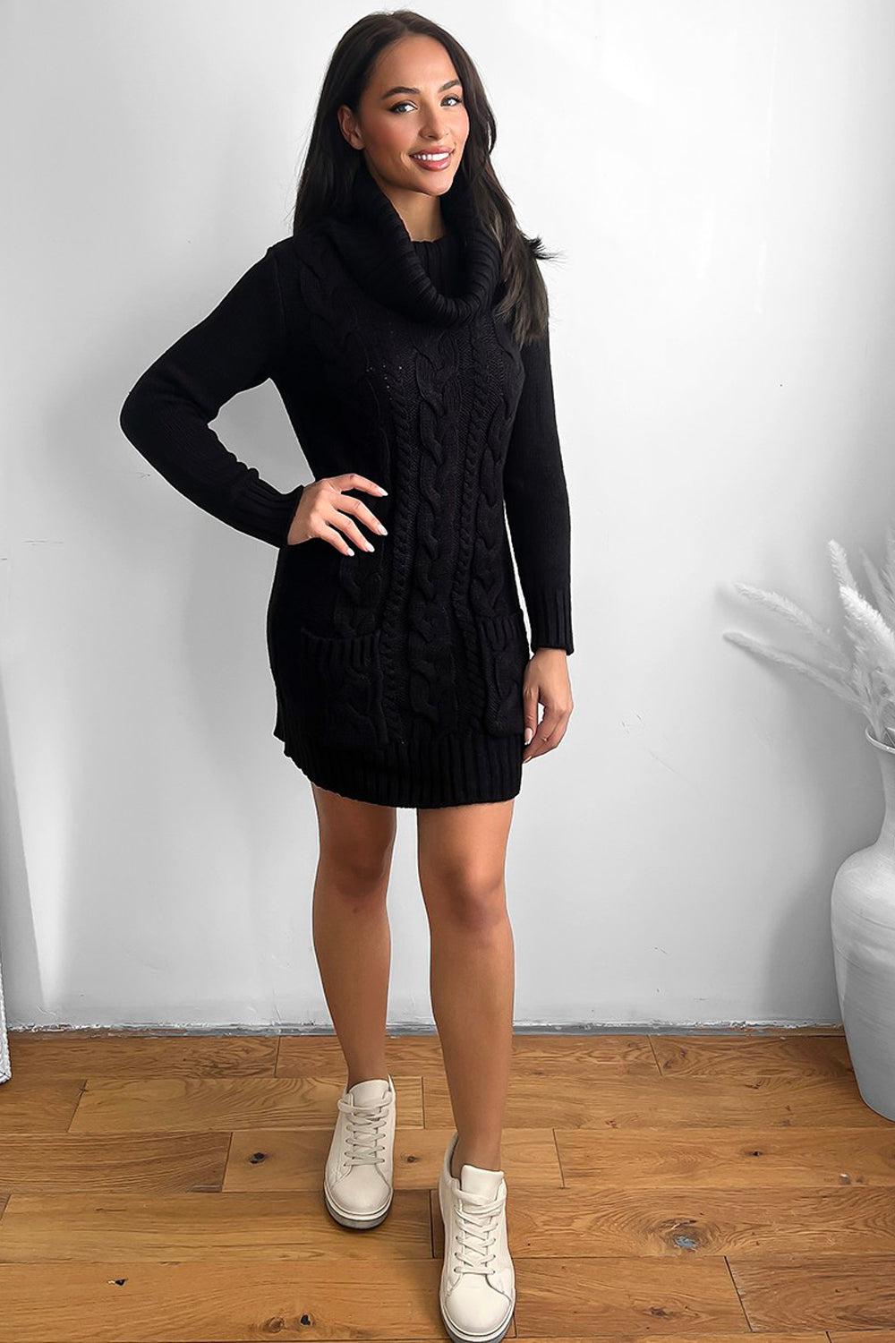 Cowl Neck Pocketed Knitted Dress-SinglePrice