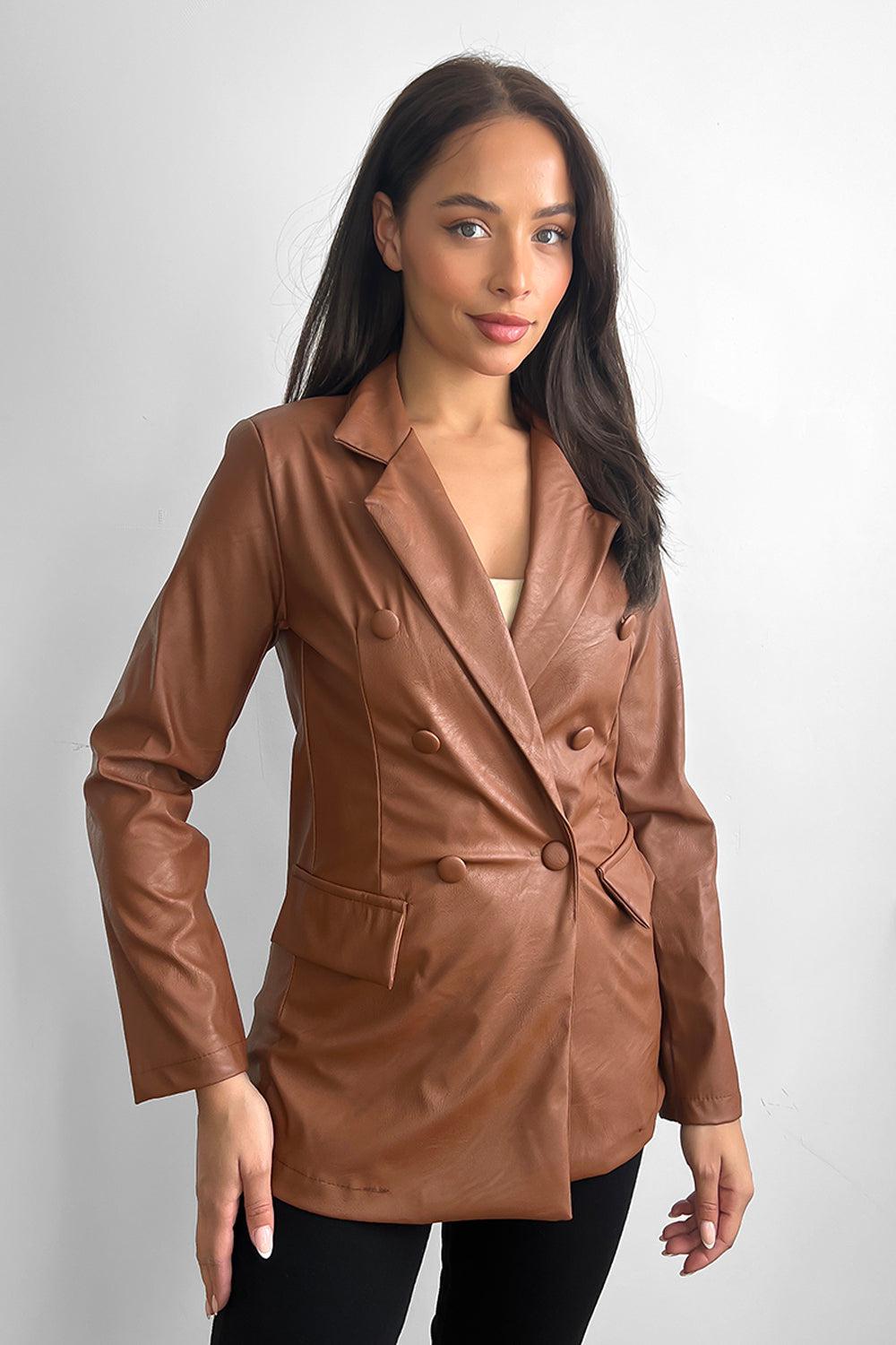 Double Breasted Vegan Leather Blazer-SinglePrice