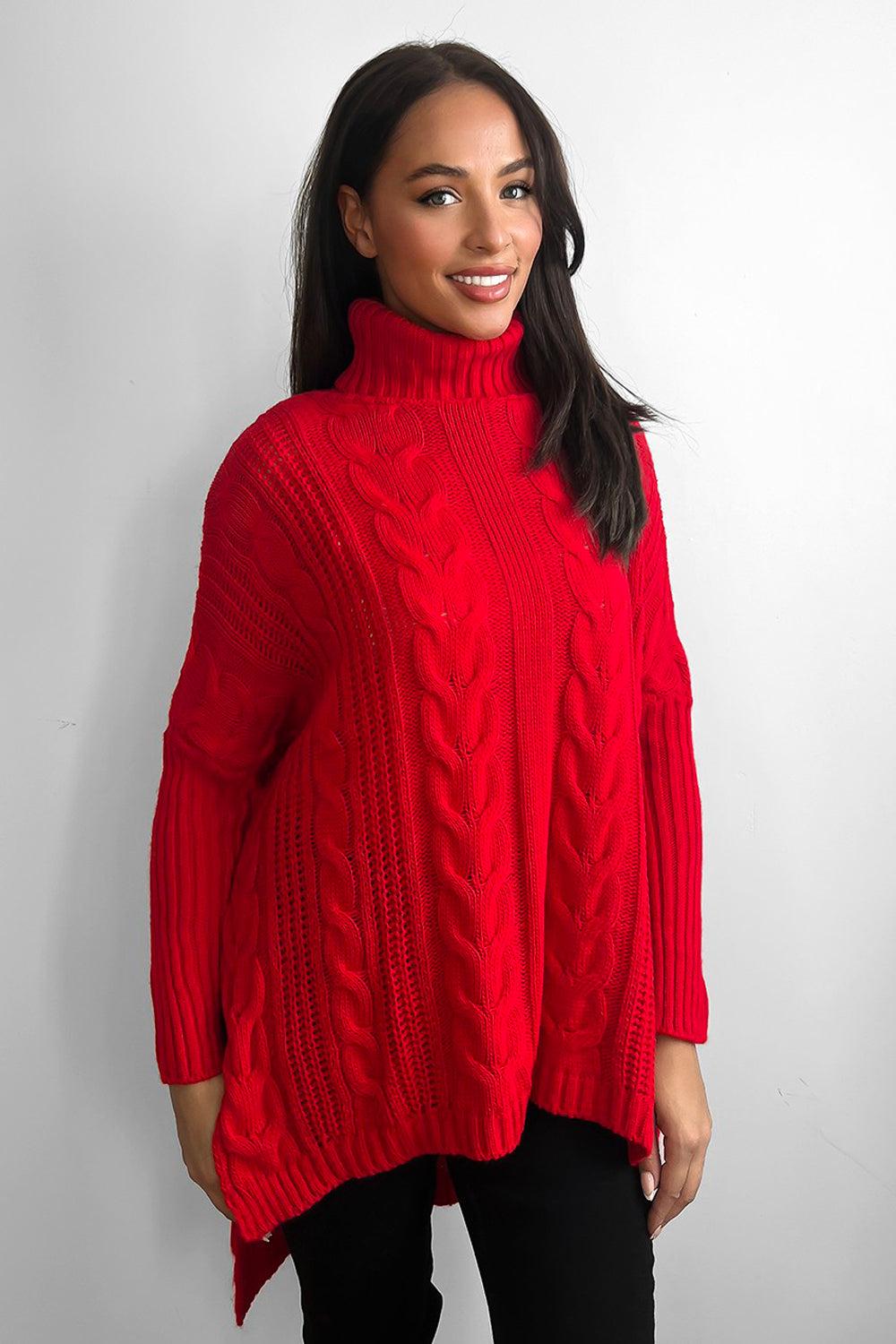 High Rolled Neck Braided Details Hi Low Pullover-SinglePrice