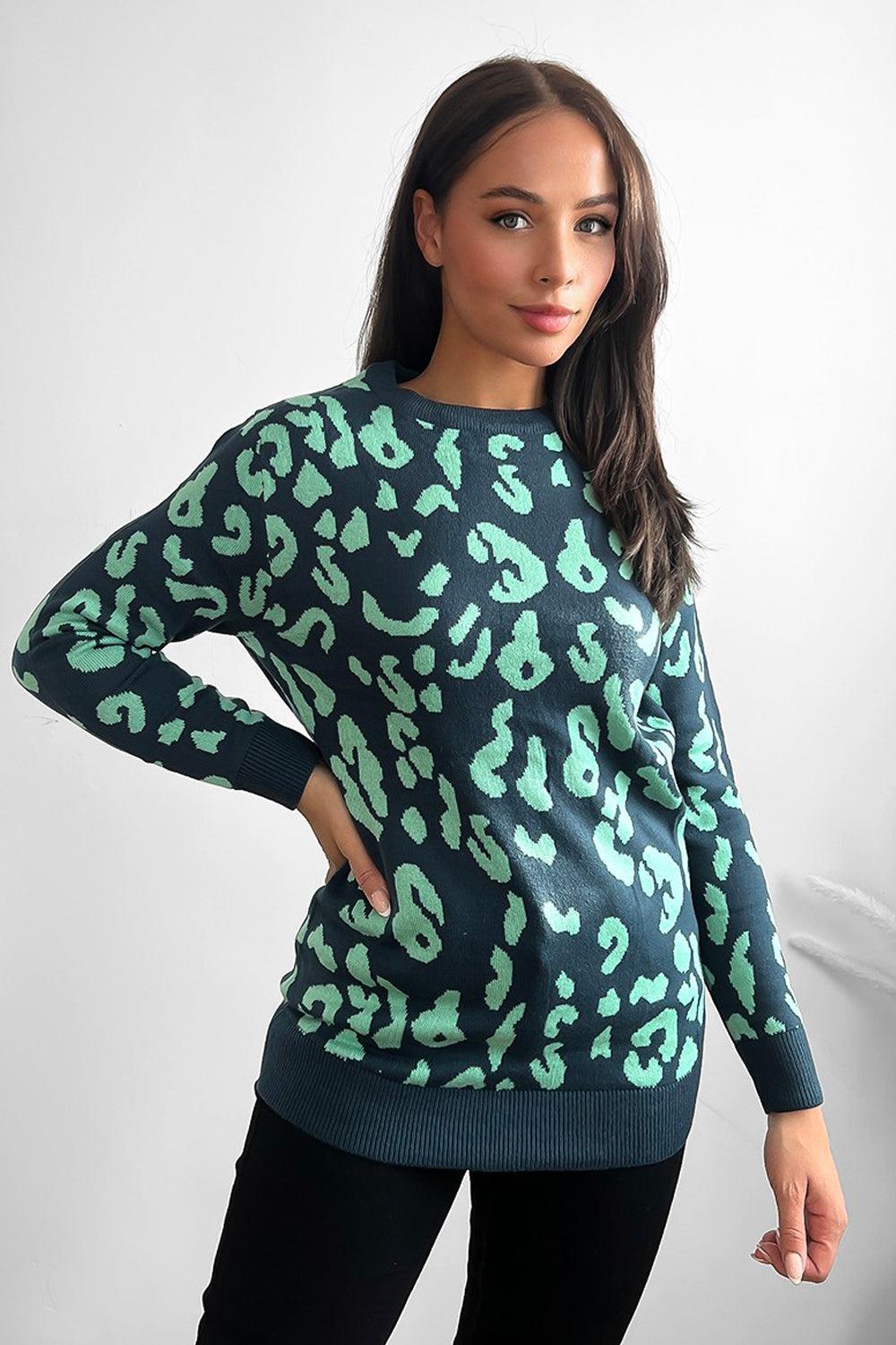 Contrast Leopard Pattern Knitted Pullover-SinglePrice
