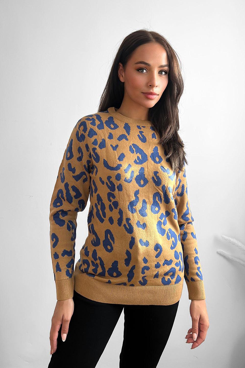 Contrast Leopard Pattern Knitted Pullover-SinglePrice