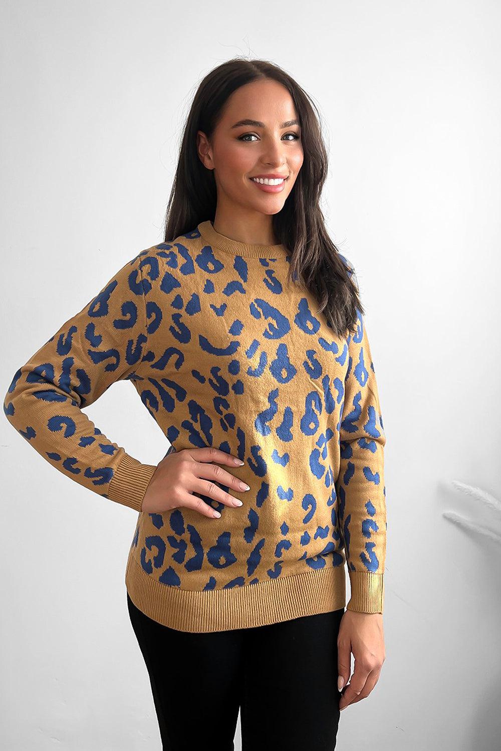 Contrast Leopard Pattern Knitted Pullover-SinglePrice