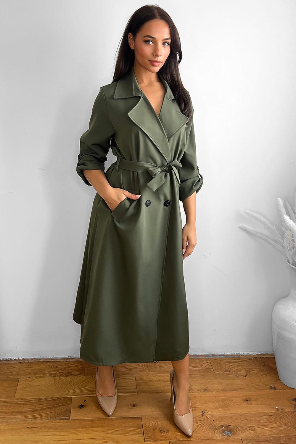 Curve Double Breasted Waist Tie Trench Coat-SinglePrice