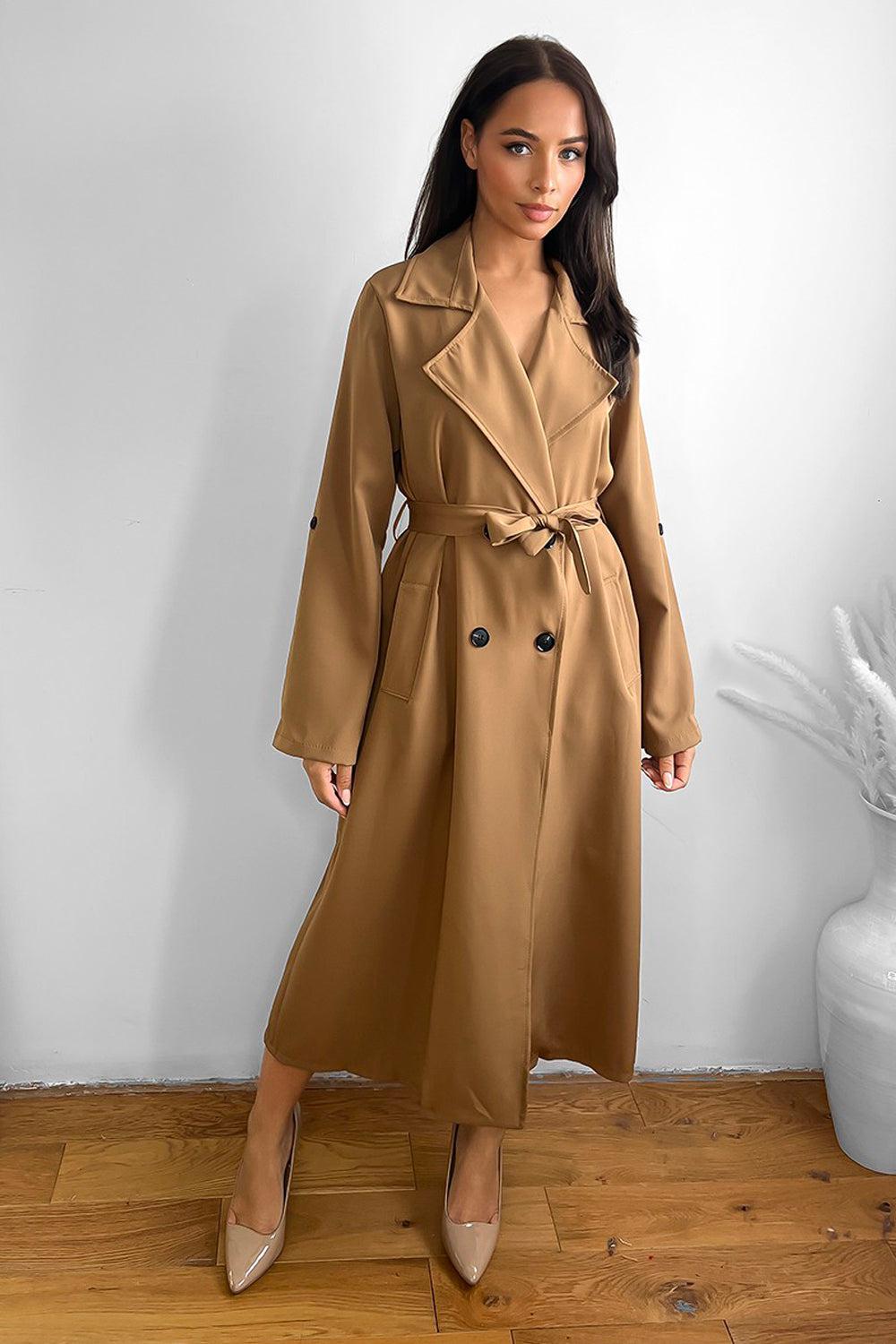 Curve Double Breasted Waist Tie Trench Coat-SinglePrice