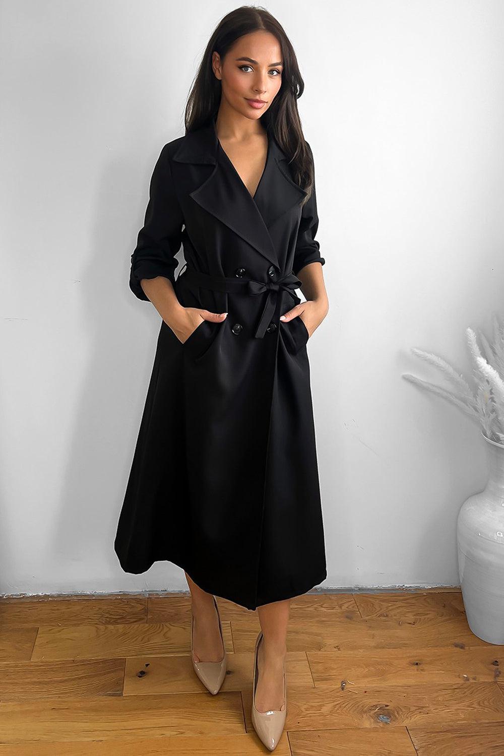 Curve Double Breasted Waist Tie Trench Coat-SinglePrice