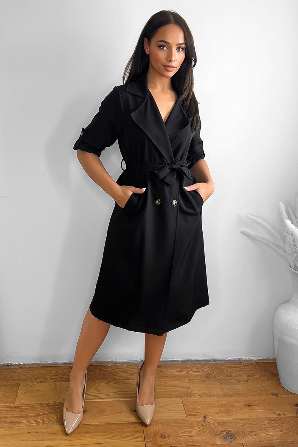 Double Breasted Self Tie Belt Unlined Trench Coat-SinglePrice