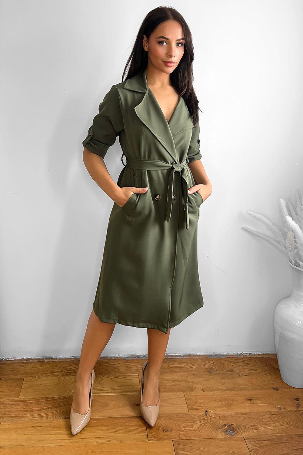 Double Breasted Self Tie Belt Unlined Trench Coat-SinglePrice