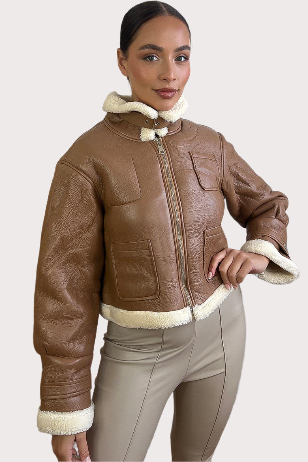 Faux Shearling Leather Aviator Jacket-SinglePrice