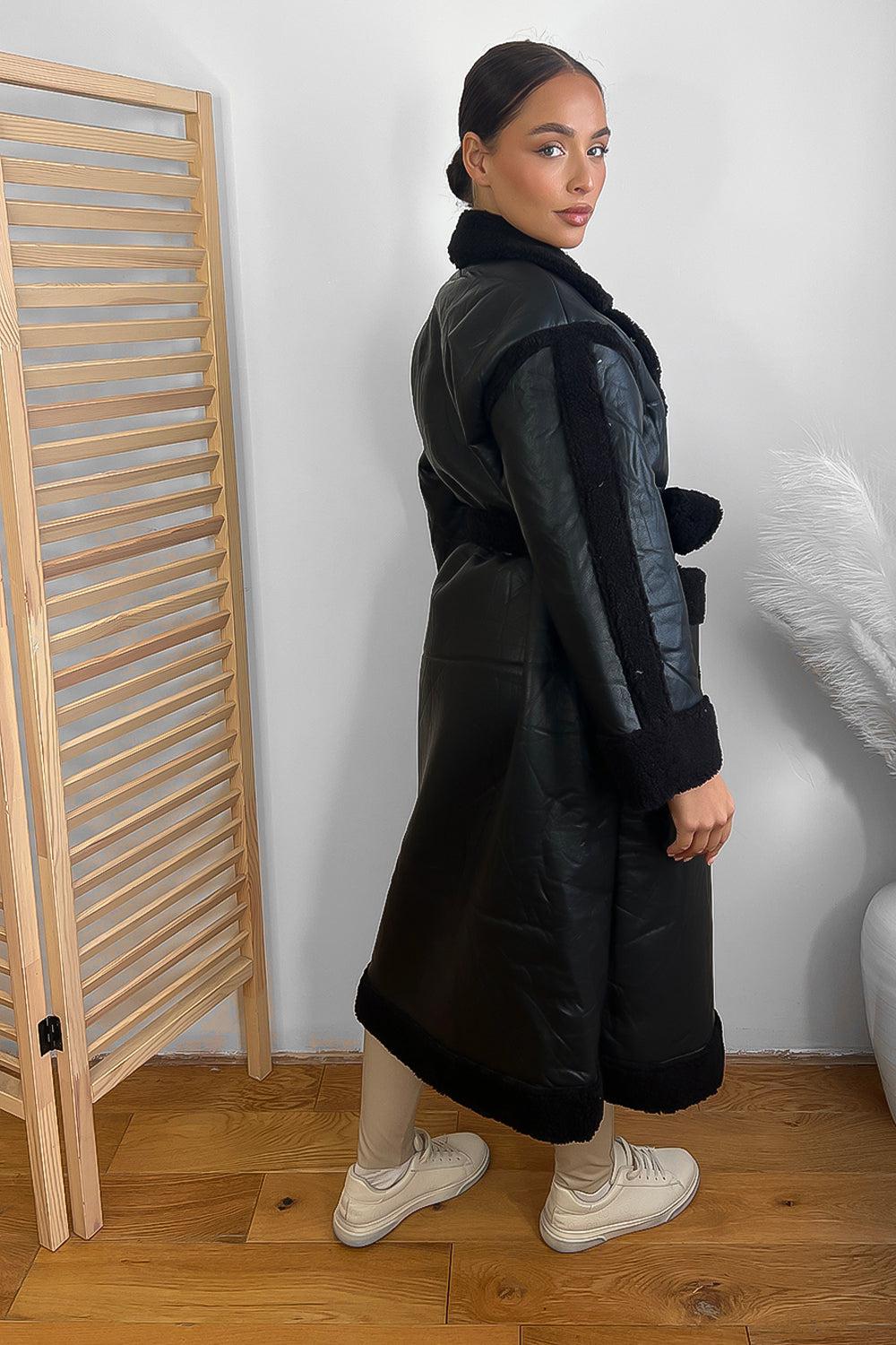 Vegan Shearling Leather Midi Winter Coat-SinglePrice