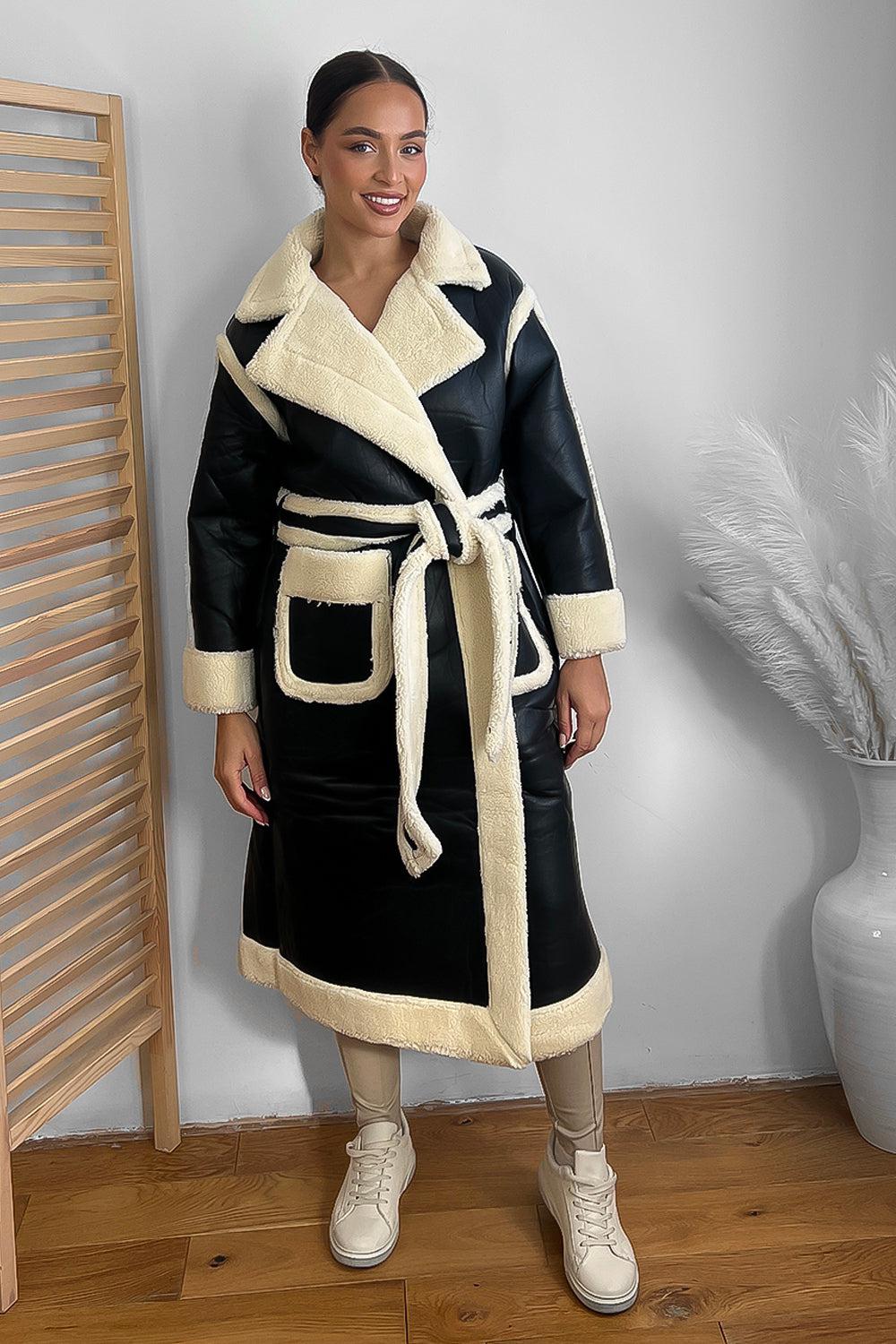 Vegan Shearling Leather Midi Winter Coat-SinglePrice