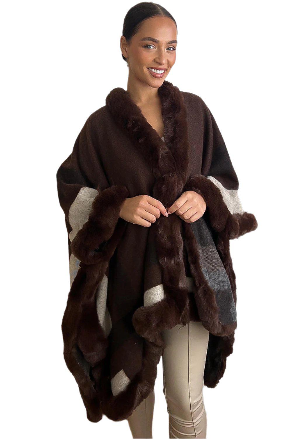 Vegan Fur Trim Checked Pattern Throwover Shawl-SinglePrice