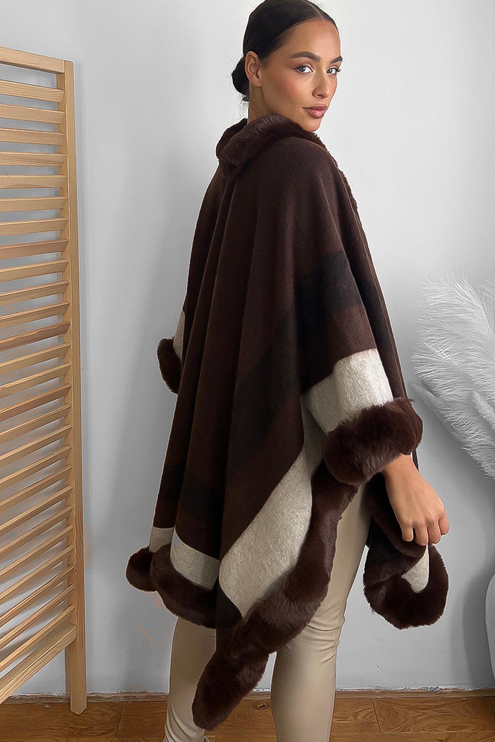 Vegan Fur Trim Checked Pattern Throwover Shawl-SinglePrice