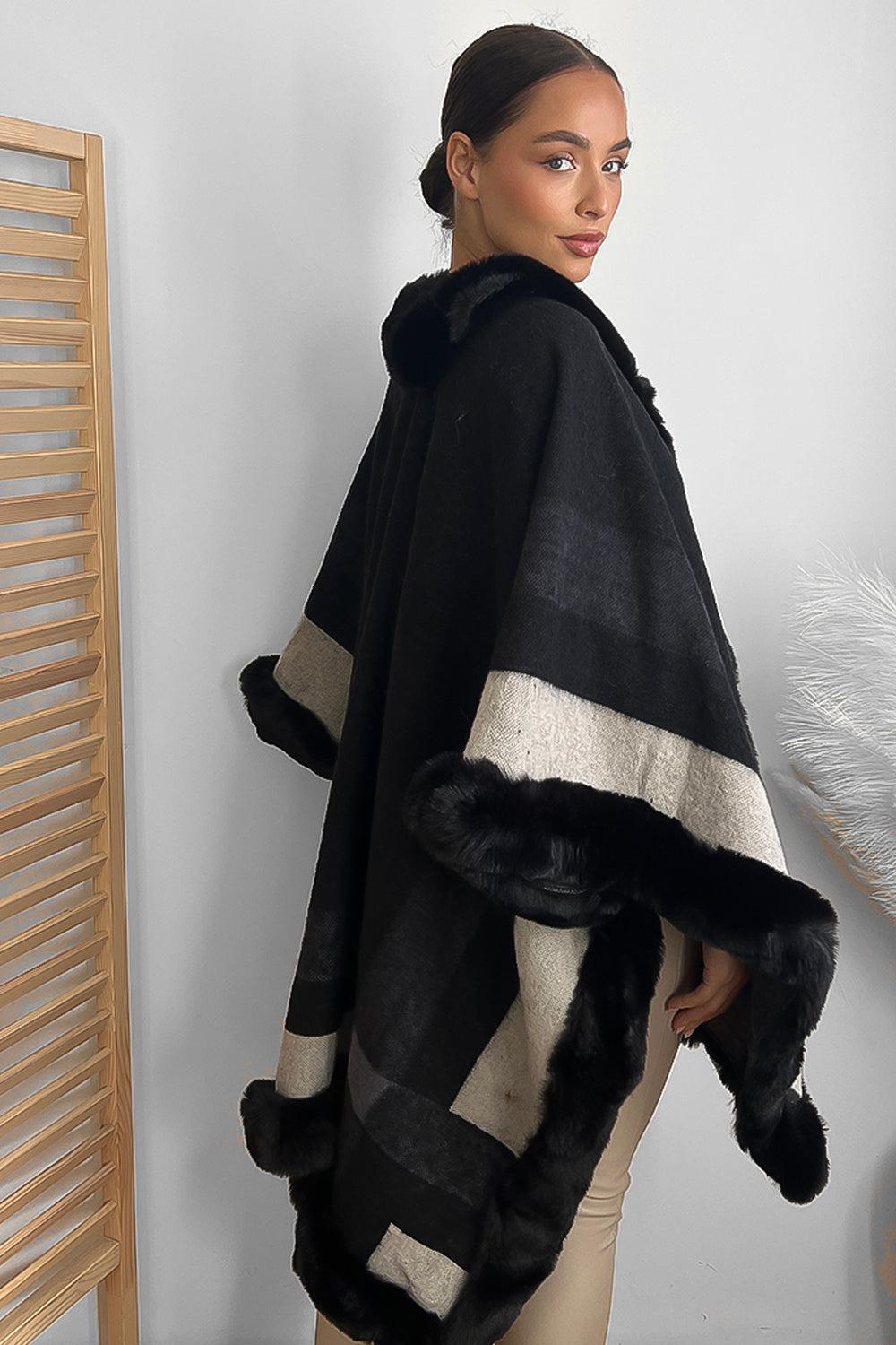 Vegan Fur Trim Checked Pattern Throwover Shawl-SinglePrice