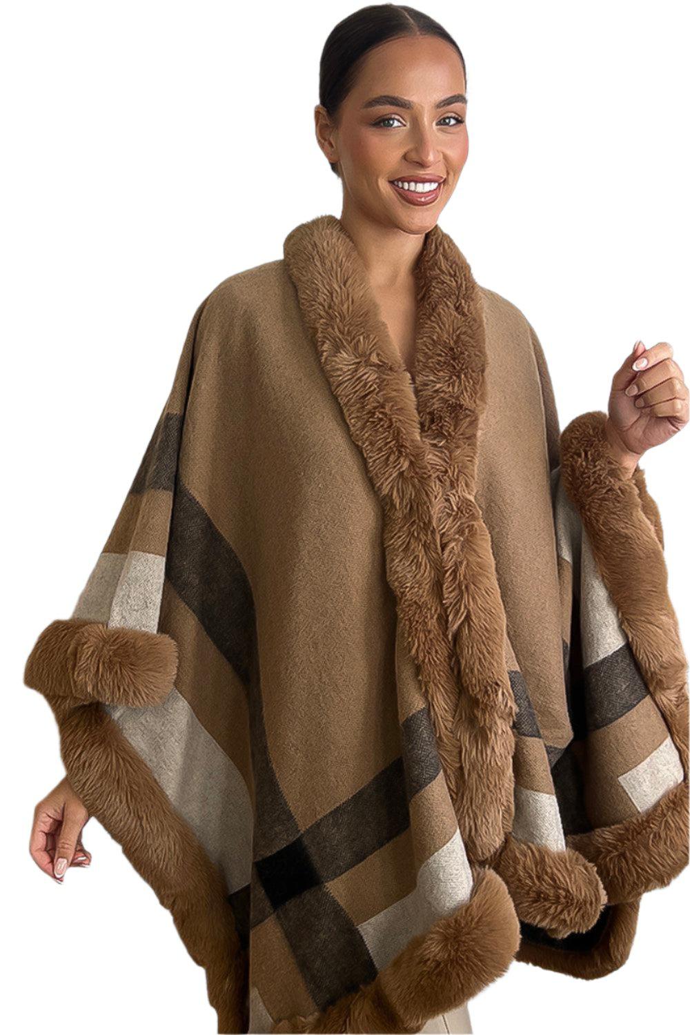 Vegan Fur Trim Checked Pattern Throwover Shawl-SinglePrice