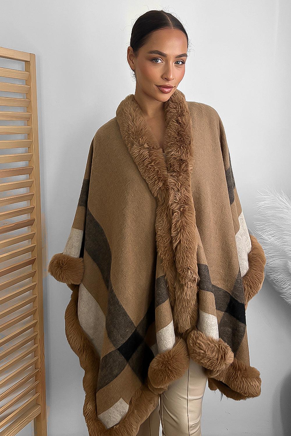 Vegan Fur Trim Checked Pattern Throwover Shawl-SinglePrice