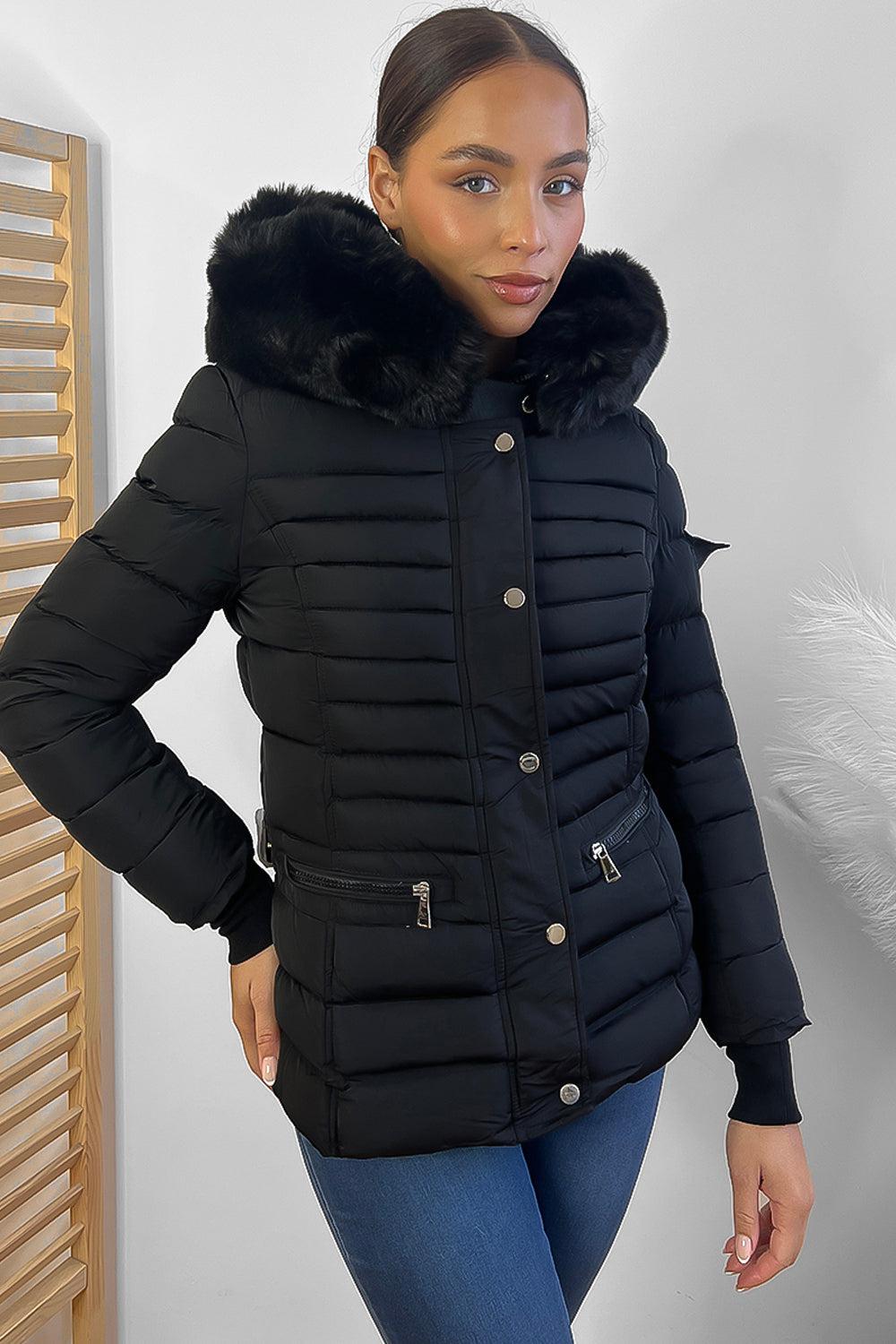 Horizontal Zip Pockets Faux Fur Hooded Jacket-SinglePrice