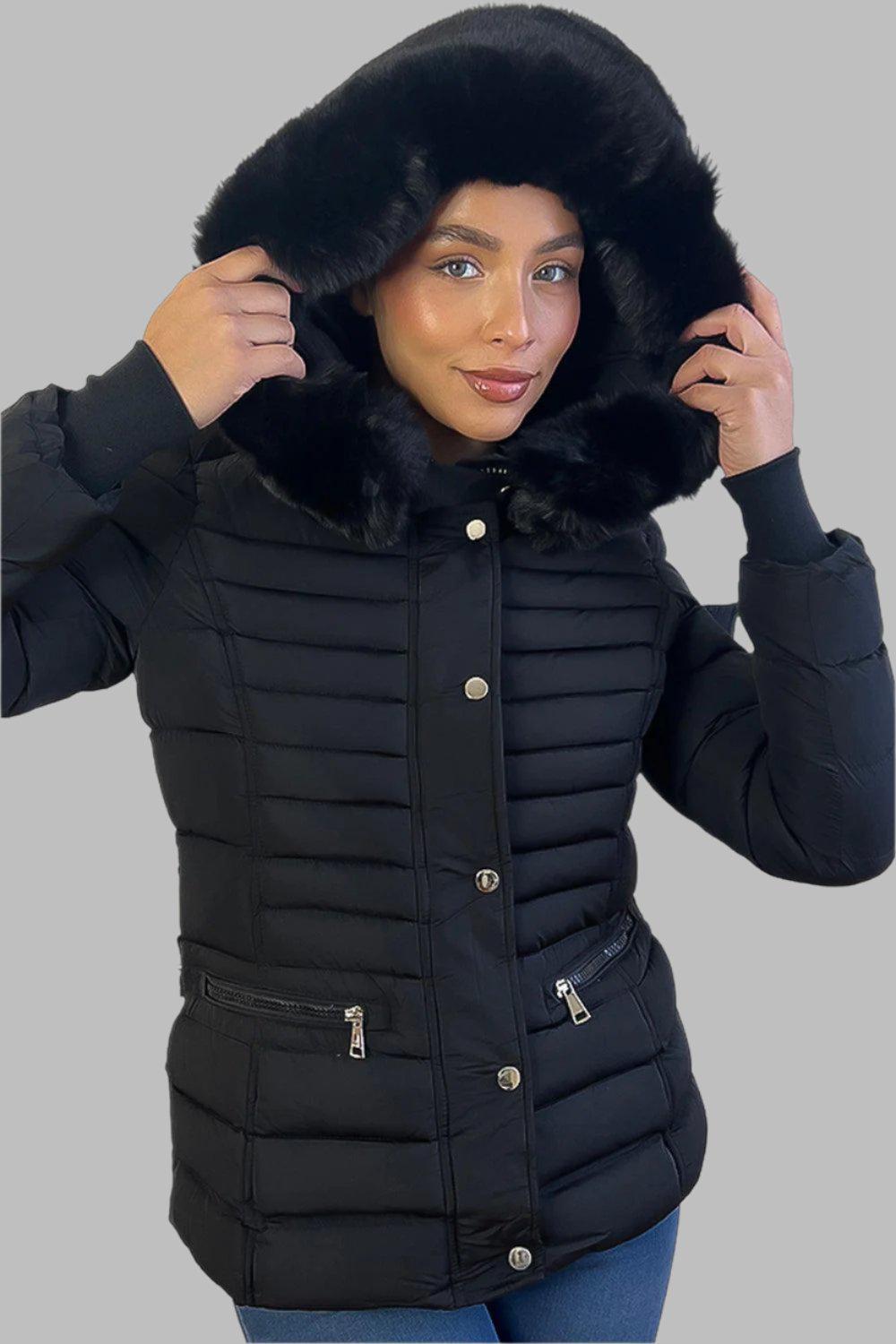 Horizontal Zip Pockets Faux Fur Hooded Jacket-SinglePrice