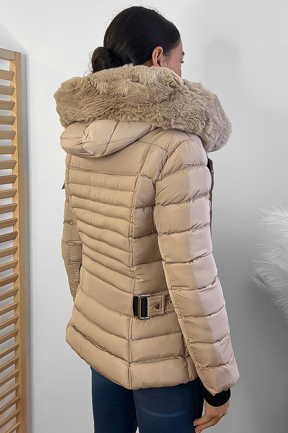 Horizontal Zip Pockets Faux Fur Hooded Jacket-SinglePrice