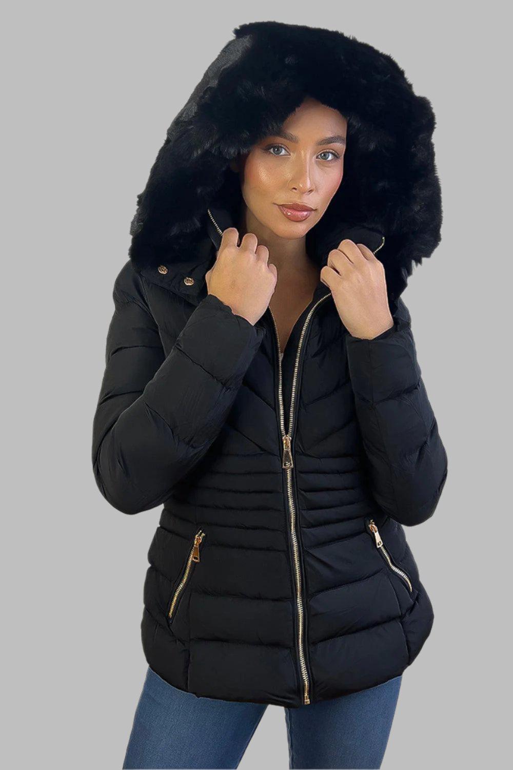 Chevron Quilt Faux Fur Hood Puffer Jacket-SinglePrice