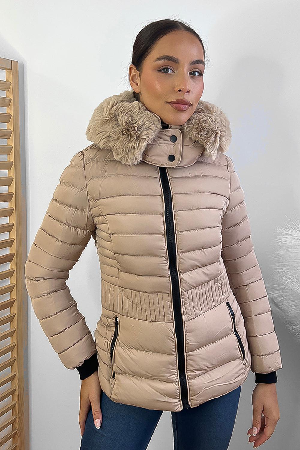 Vertical Zip Pockets Faux Fur Hooded Quilted Jacket-SinglePrice