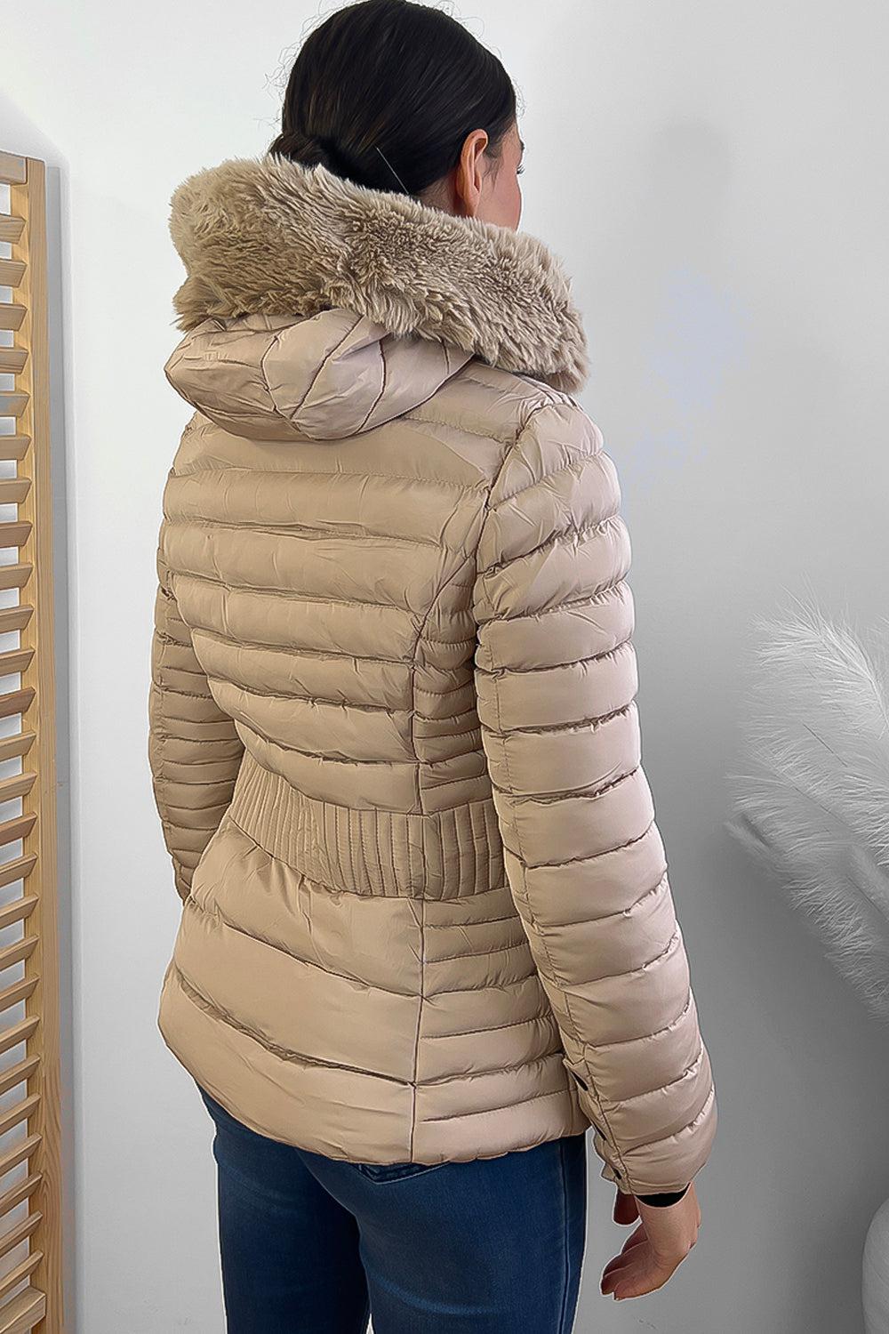 Vertical Zip Pockets Faux Fur Hooded Quilted Jacket-SinglePrice