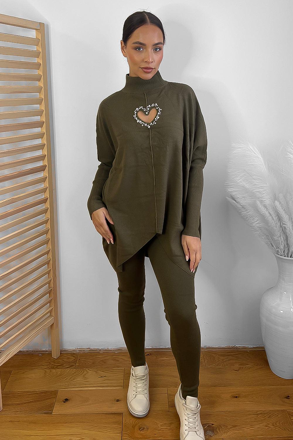 Cut Out Heart Detail Knitted High Neck Lounge Set-SinglePrice