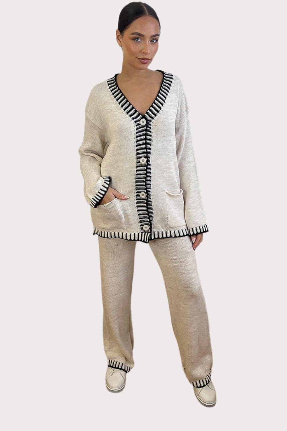 Contrast Stitch Effect Trim Knitted Leisure Set-SinglePrice