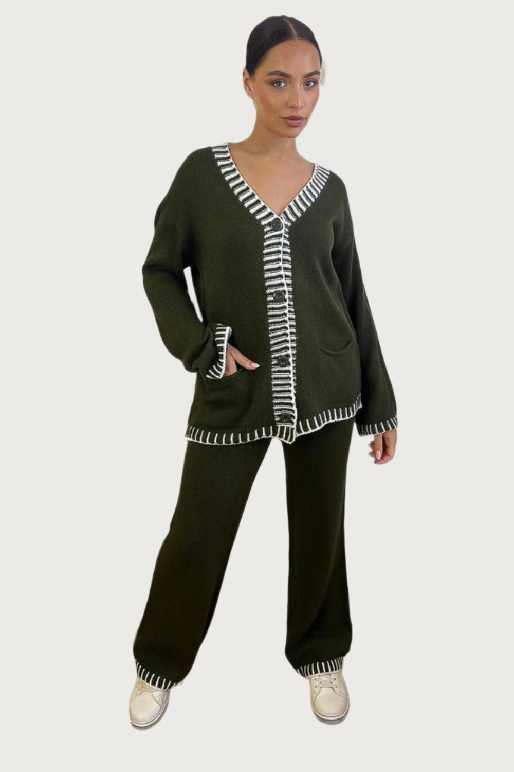 Contrast Stitch Effect Trim Knitted Leisure Set-SinglePrice