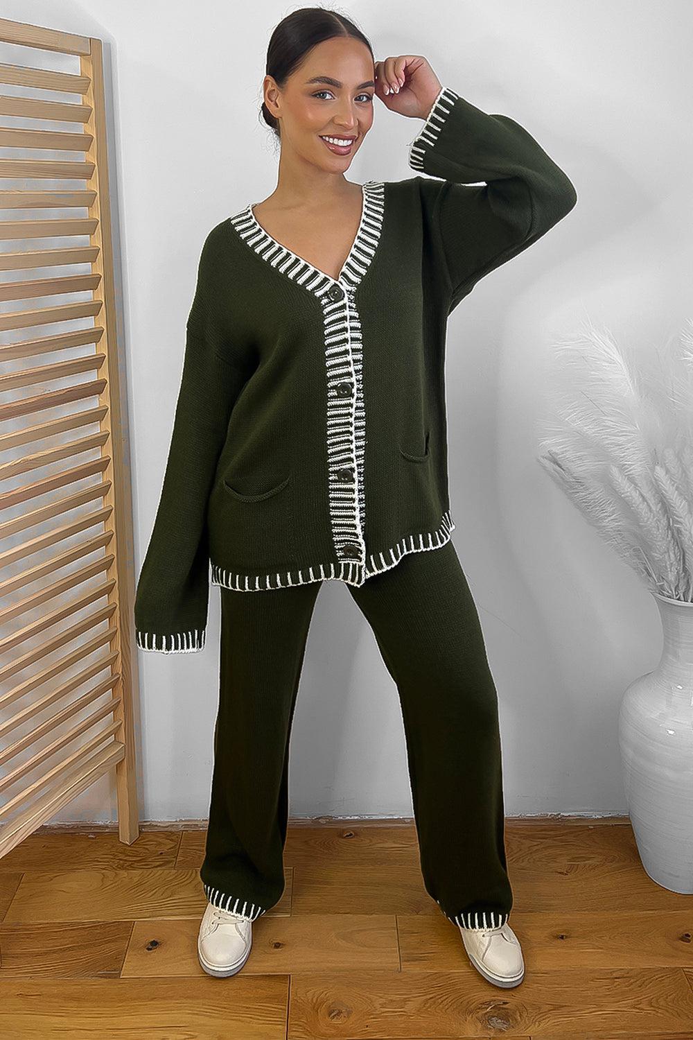 Contrast Stitch Effect Trim Knitted Leisure Set-SinglePrice