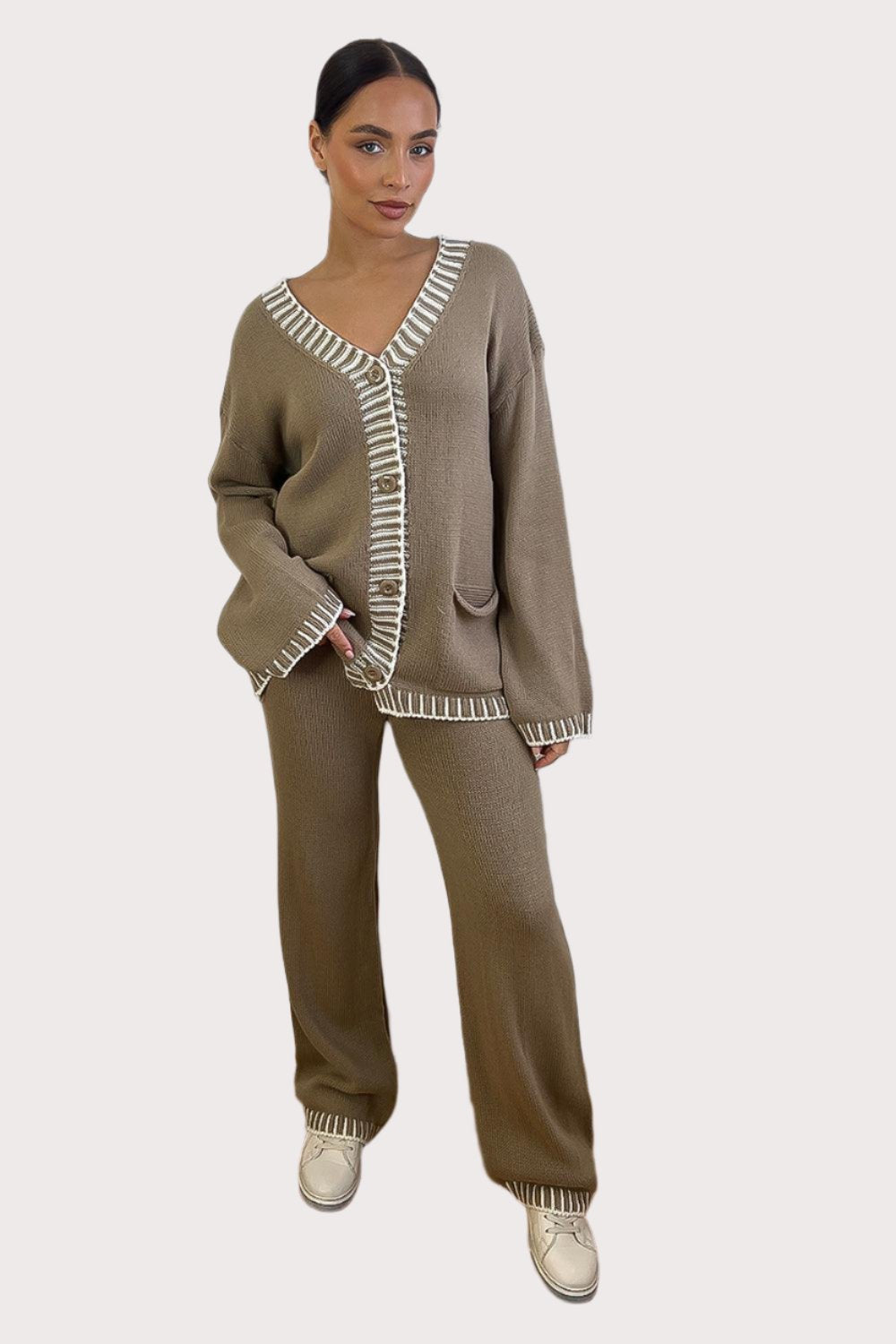 Contrast Stitch Effect Trim Knitted Leisure Set-SinglePrice