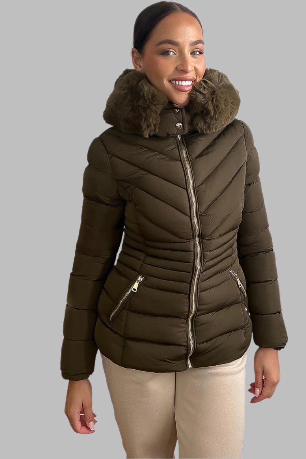 Chevron Quilt Faux Fur Hood Puffer Jacket-SinglePrice