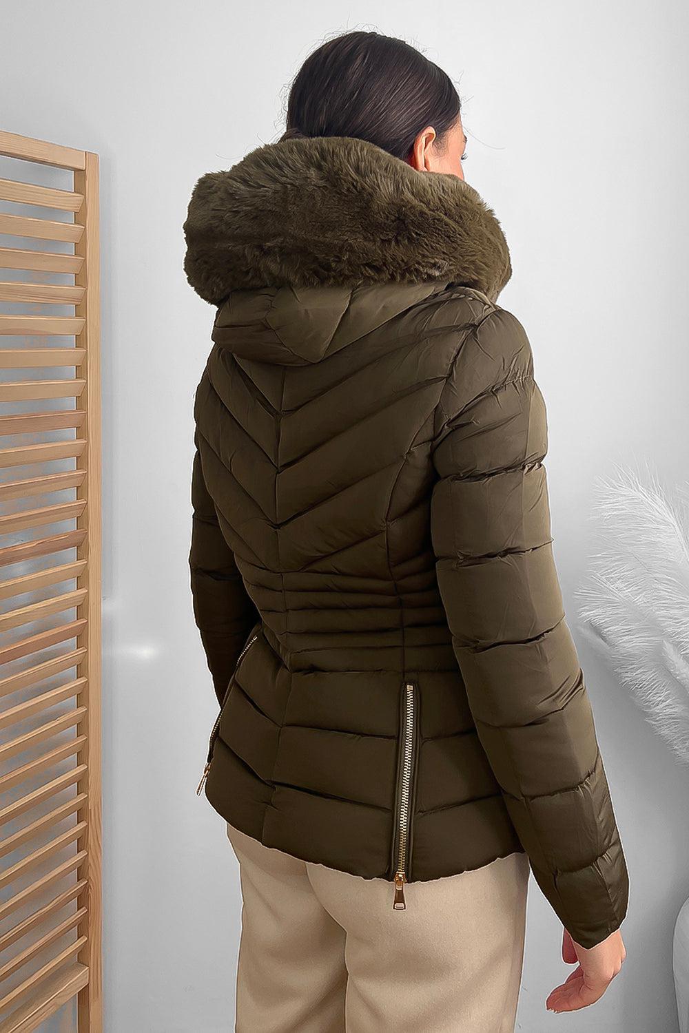 Chevron Quilt Faux Fur Hood Puffer Jacket-SinglePrice
