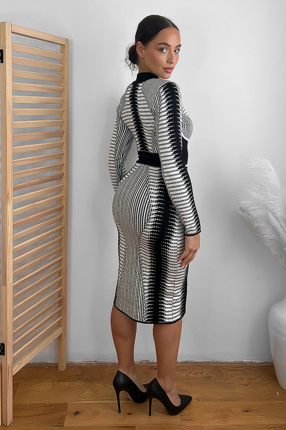 Monochrome Contour Knitted Bodycon Dress-SinglePrice