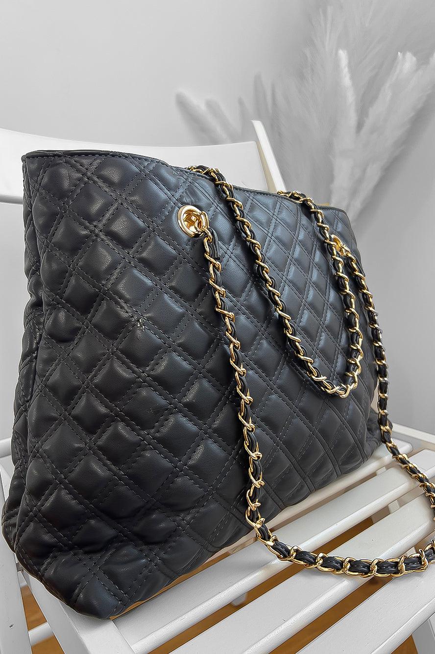 Dark Grey Quilted Gold Chain Straps Handbag-SinglePrice