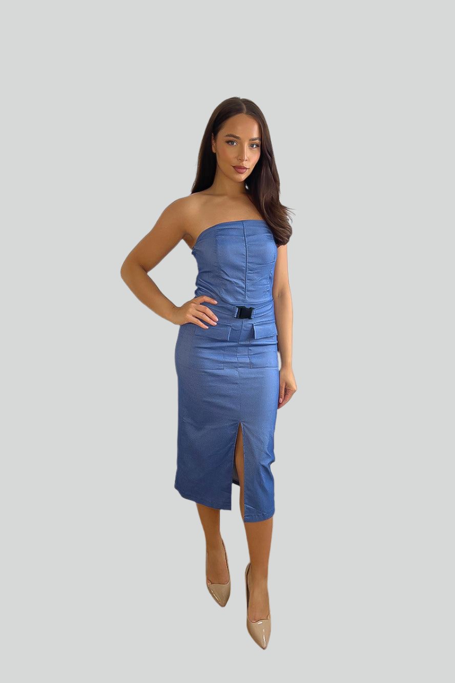 STRETCHY BANDEAU BELTED SLIT CARGO DRESS-SinglePrice