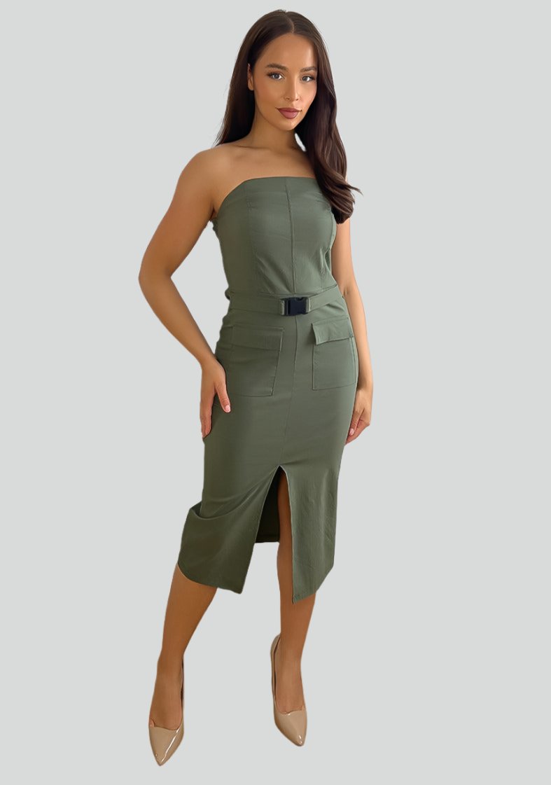 STRETCHY BANDEAU BELTED SLIT CARGO DRESS-SinglePrice