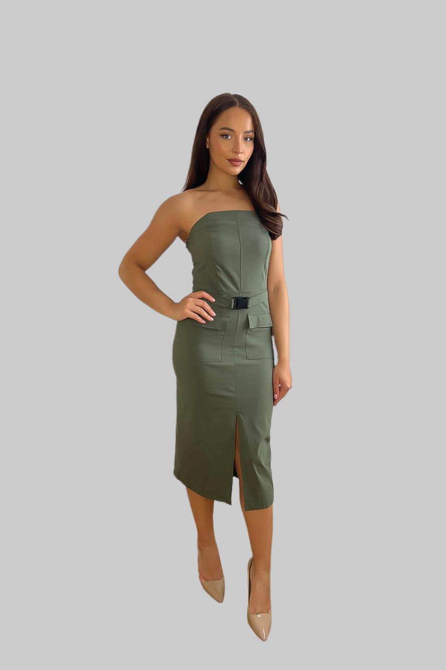 STRETCHY BANDEAU BELTED SLIT CARGO DRESS-SinglePrice