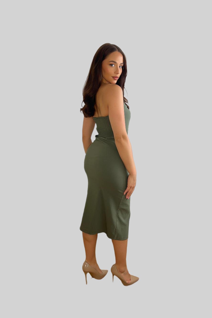 STRETCHY BANDEAU BELTED SLIT CARGO DRESS-SinglePrice