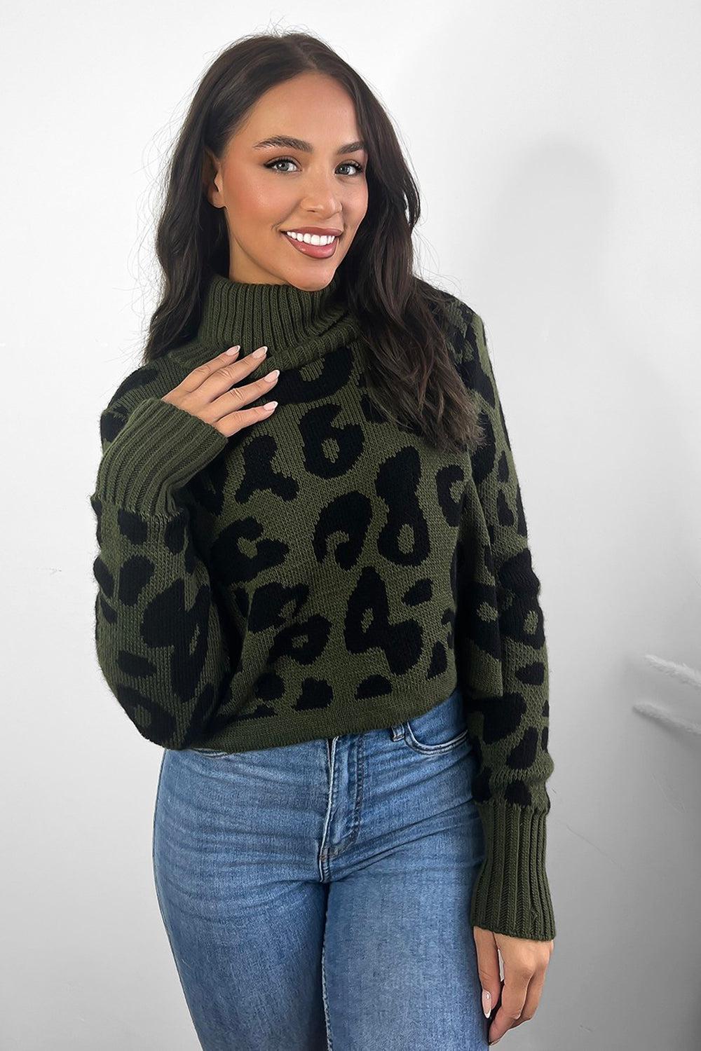 Large Leopard Knit High Neck Cropped Pullover-SinglePrice