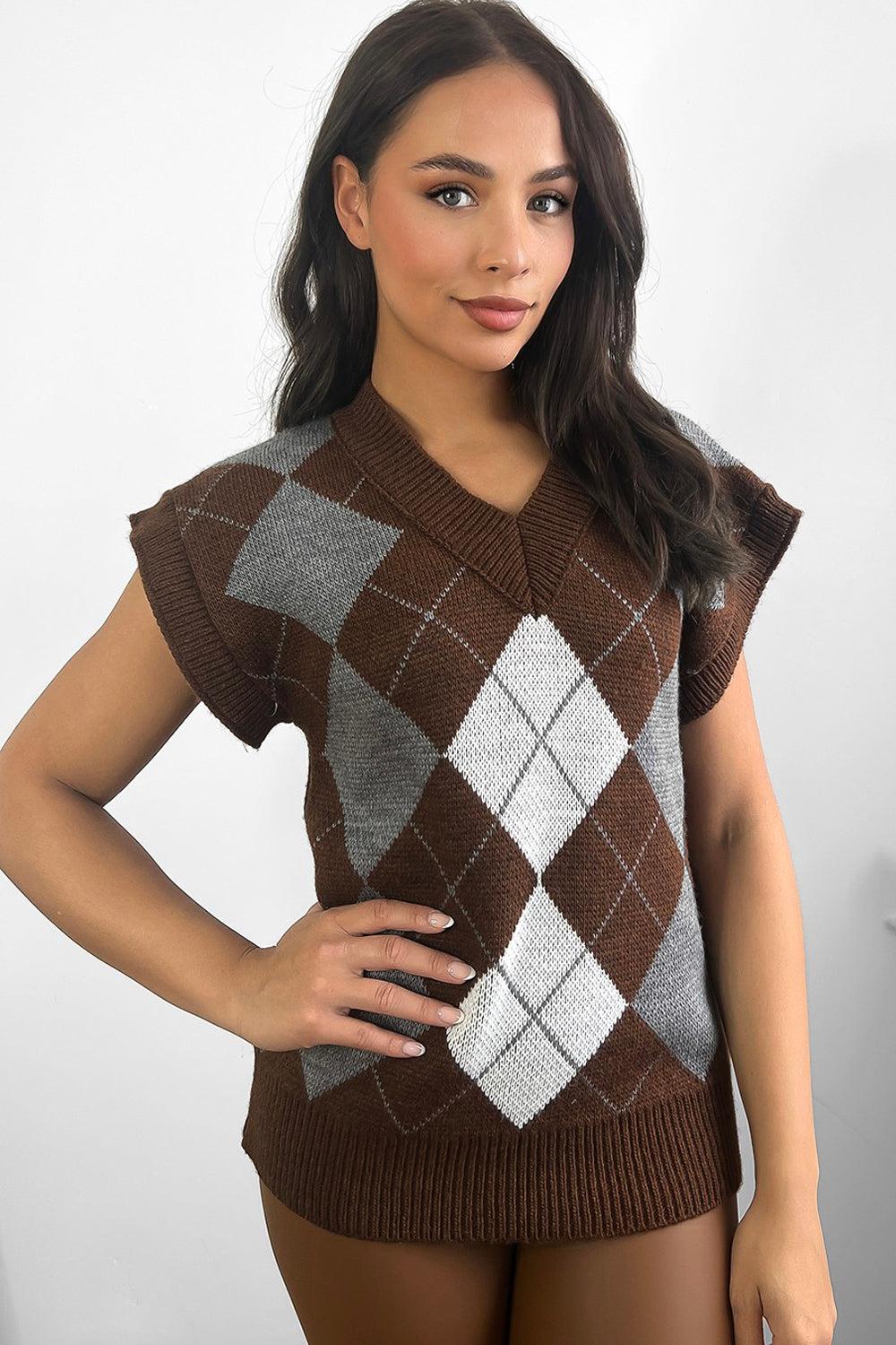 Brown Grey Argyle Pattern Vest Pullover-SinglePrice